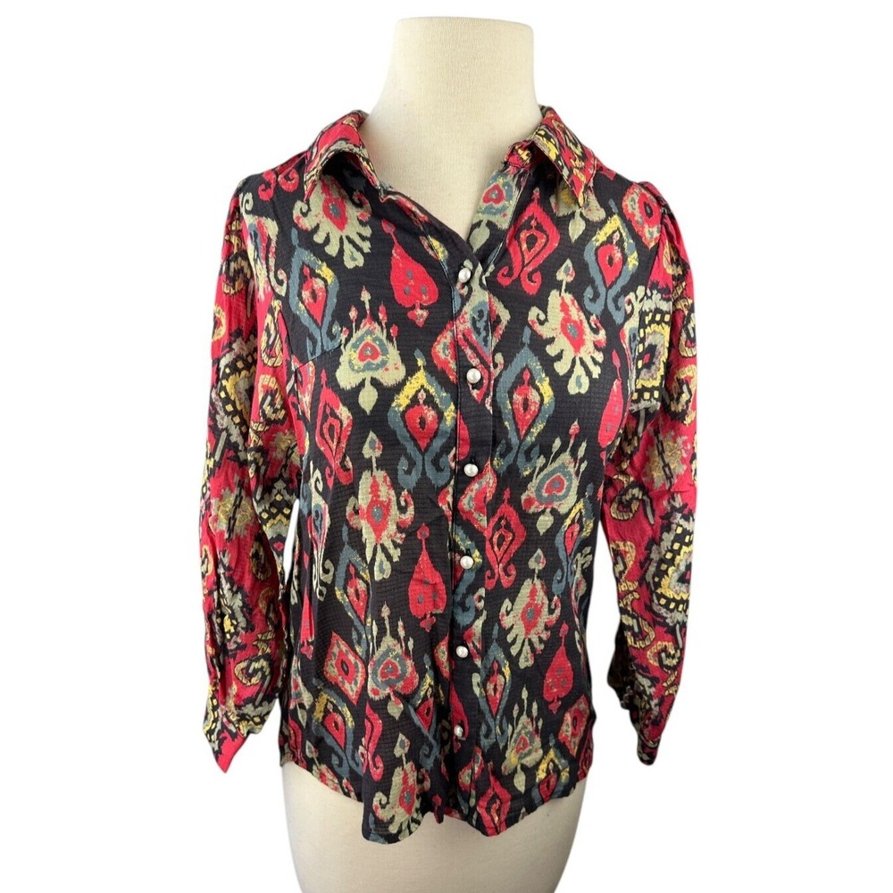 Anthropologie Forever That Girl Ikat Paisley Contrast Print Top Button Blouse XS - Picture 2 of 16